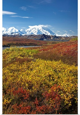 Scenic view of Mt.McKinley from Thorofare Pass with Autumn tundra, Denali National Park