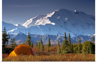 Scenic view of Mt. McKinley in the morning with tent in the foreground