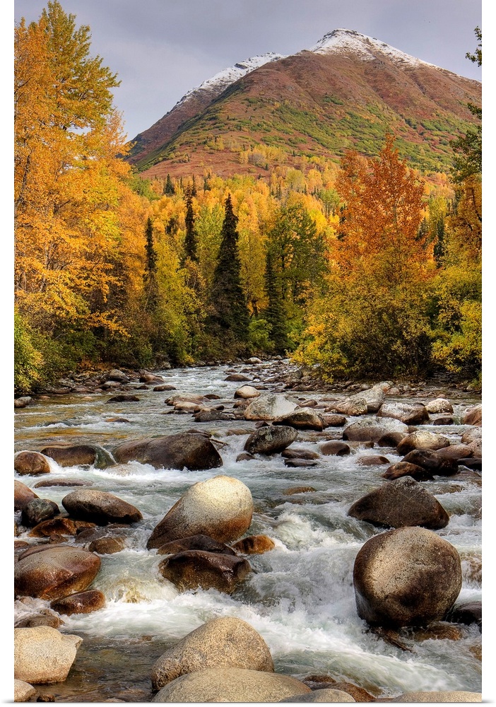 Vertical photograph on a large wall hanging of the rocky Little Susitna River leading toward a large mountain in the backg...