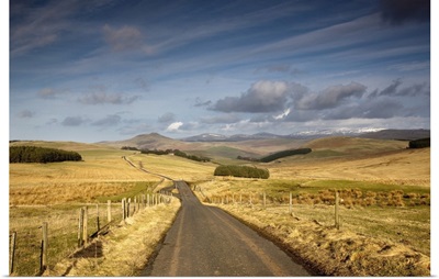 Scottish Borders, Scotland; A Road With Fields On Both Sides