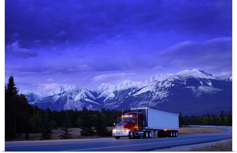 Semi-Trailer Truck, With Mountains In The Distance