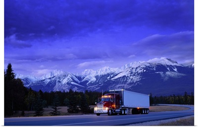 Semi-Trailer Truck, With Mountains In The Distance