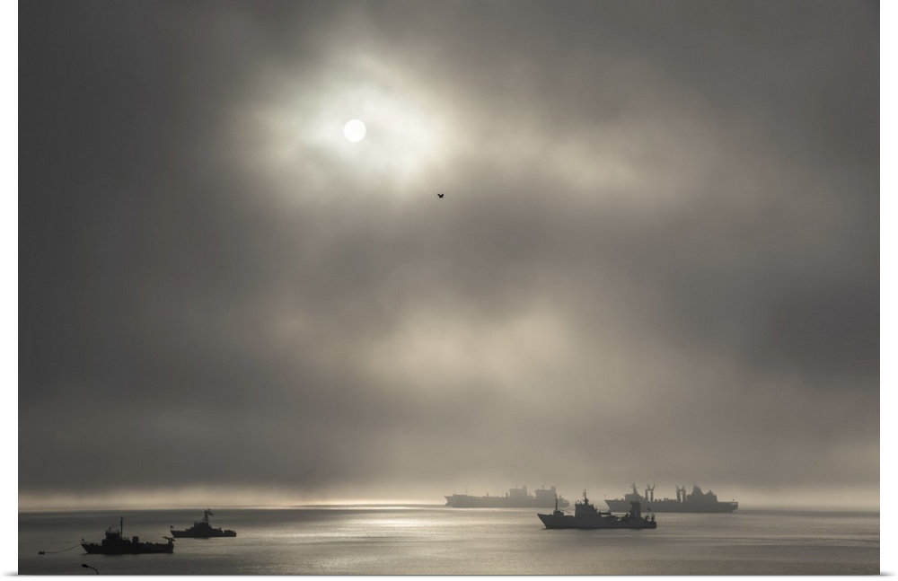 Ships in port in the fog, El Callao, lima, Peru.