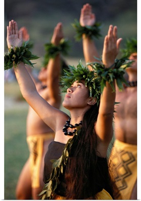Side Angle Of Hula Dancers, All With Arms Raised, Looking Upward