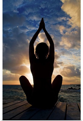 Silhouette Of Woman Doing Yoga On Oceanside Pier