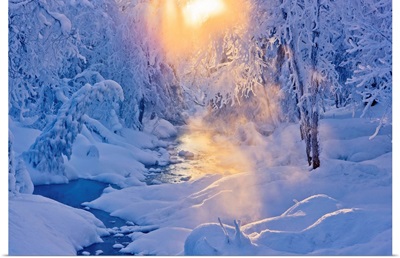 Small Stream In A Hoarfrost Covered Forest With Rays Of Sun, Alaska