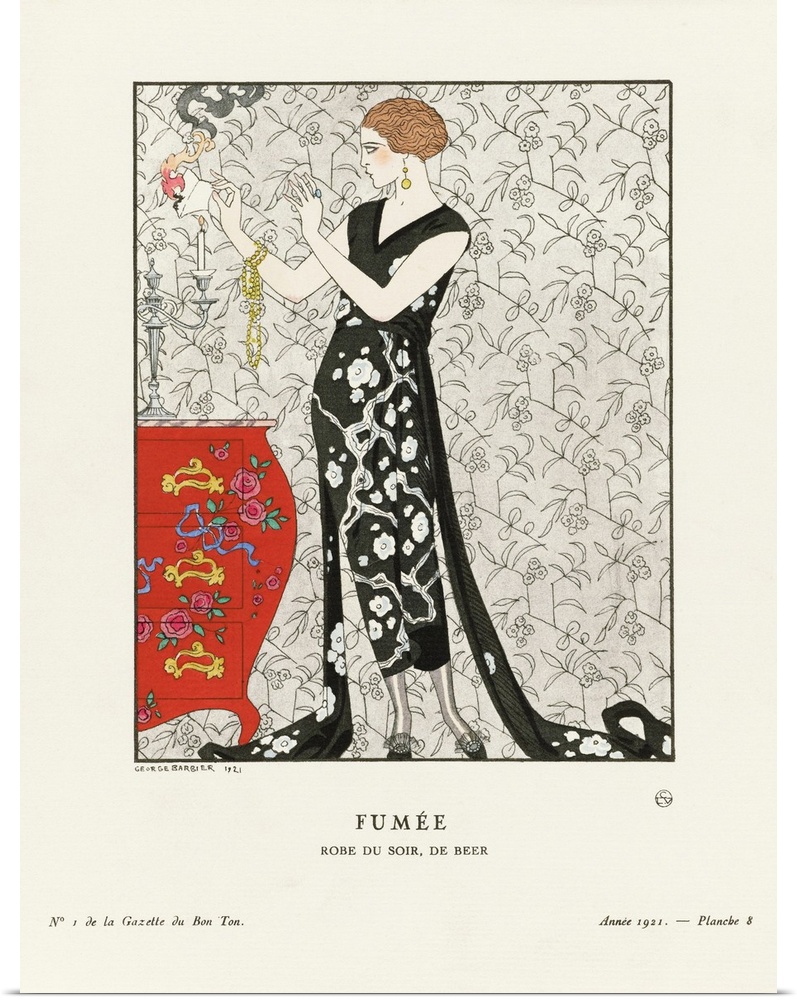 Fumee.  Smoke.  Robe du Soir, De Beer.  Evening dress by Gustav Beer.  Art-deco fashion illustration by French artist Geor...
