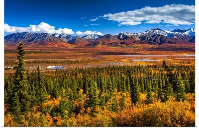 Snow Dusted Chugach Mountains In Vivid Fall Colours, Autumn, Alaska