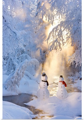 Snowman Couple Standing Next To A Stream, Russian Jack Springs Park, Anchorage, Alaska
