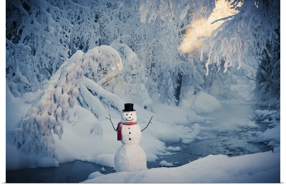 Snowman Standing Next To A Stream With Fog And Hoar Frosted Trees In The Background, Russian Jack Springs Park, Anchorage,...