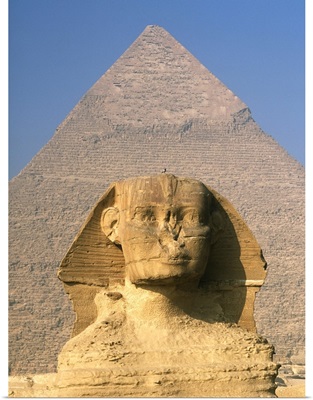 Sphinx In Front Of Great Pyramid Of Chephren; Giza, Egypt