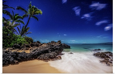 Starry Skies, Surf Rolling Into Golden Sand At Makena Cove On The Island Of Maui, Hawaii