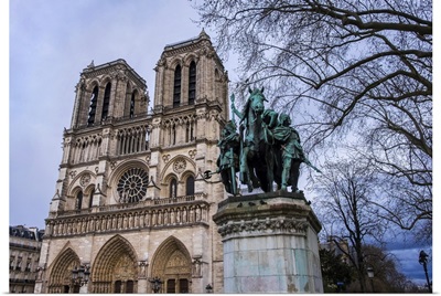 Statue Of Charlemagne In Front Of The Notre Dame Cathedral, Paris, France