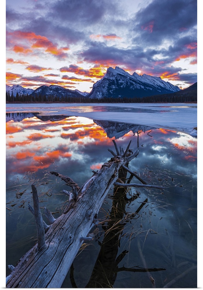 Stunning sunrise at Vermillion Lakes backed by Mt. Rundle.