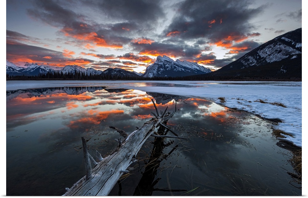 Stunning sunrise at Vermillion Lakes backed by Mt. Rundle in Banff National Park.