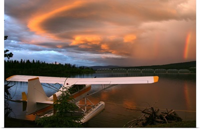 Sunlit Storm Clouds Over A Float Plane, Teslin Lake, Yukon, Canada