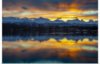 Sunrise On Lake Spenard And Snow-Covered Chugach Mountains, Anchorage, Alaska