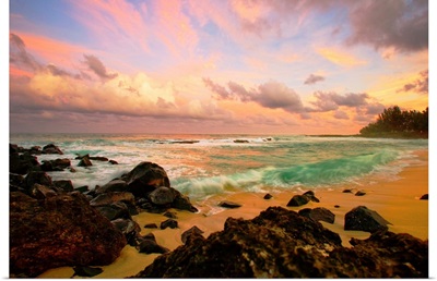 Sunset Over A Rocky Beach, Hawaii