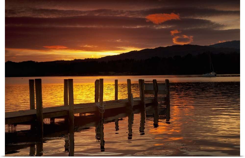 Sunset Over Dock At Lake Windermere; Ambleside, Cumbria, England