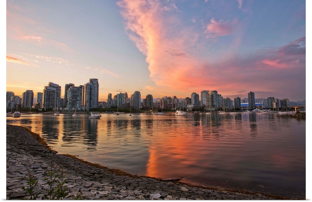 Sunset Over False Creek And City Skyline, Vancouver, British Columbia, Canada