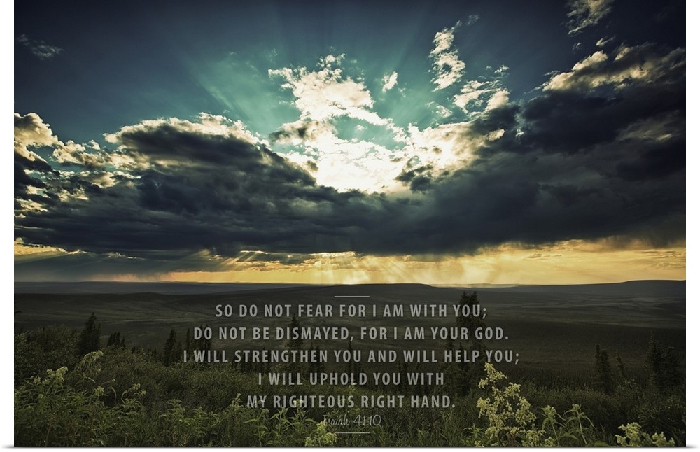 Image Of A Sunset Shining Through Dark Clouds Over A Green Landscape And Scripture From Isaiah 41:10