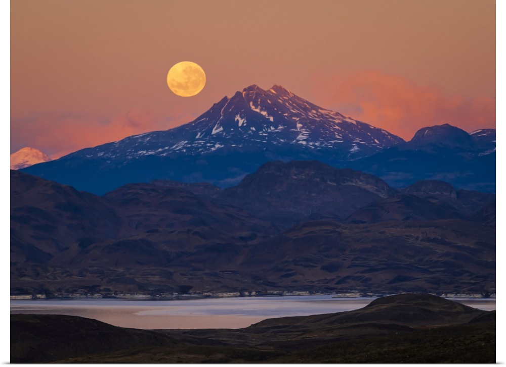 Supermoon at sunrise in Torres del Paine National Park Patagonia, Chile