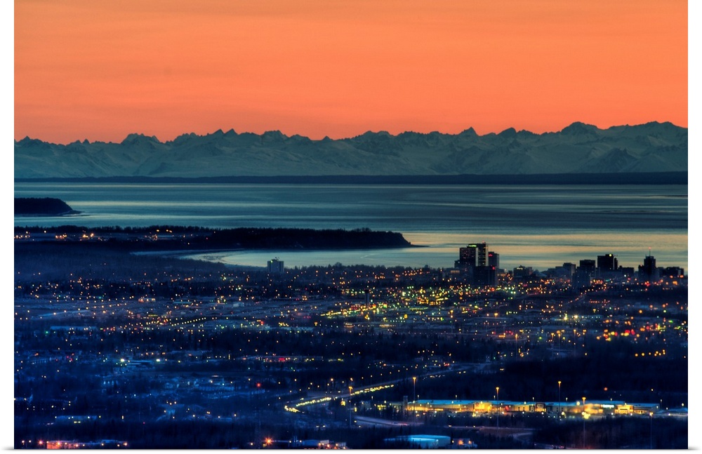 The city of Anchorage Alaska at sunset with Cook Inlet in the background