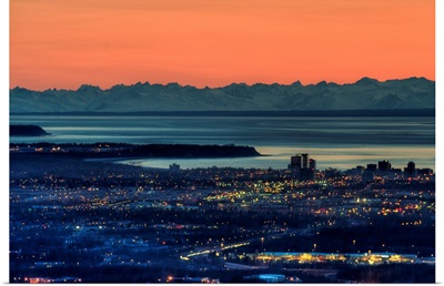The city of Anchorage Alaska at sunset with Cook Inlet in the background