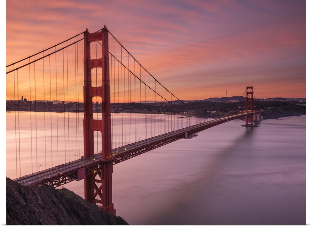 The Golden Gate Bridge in San Francisco at sunrise.