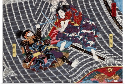 The Horyu Tower, Two Japanese Men Fighting With Swords On The Roof Of A Tower