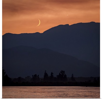 The Moon And Venus In An Orange Sky, Fraser Valley, Vancouver, British Columbia, Canada