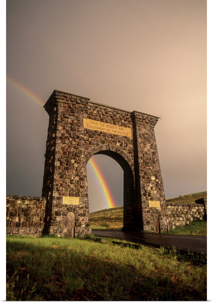 The Roosevelt Arch, Gardiner, Montana, in Yellowstone National Park, Wyoming, United States of America. The Roosevelt Arch...