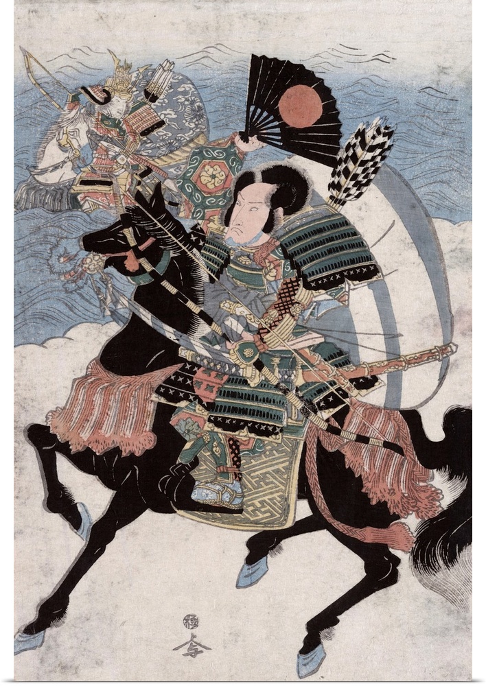 The warriors Kumagai Naozane and Tairo no Atsumori on horseback with bow [and] arrows. Print, woodcut, colour.