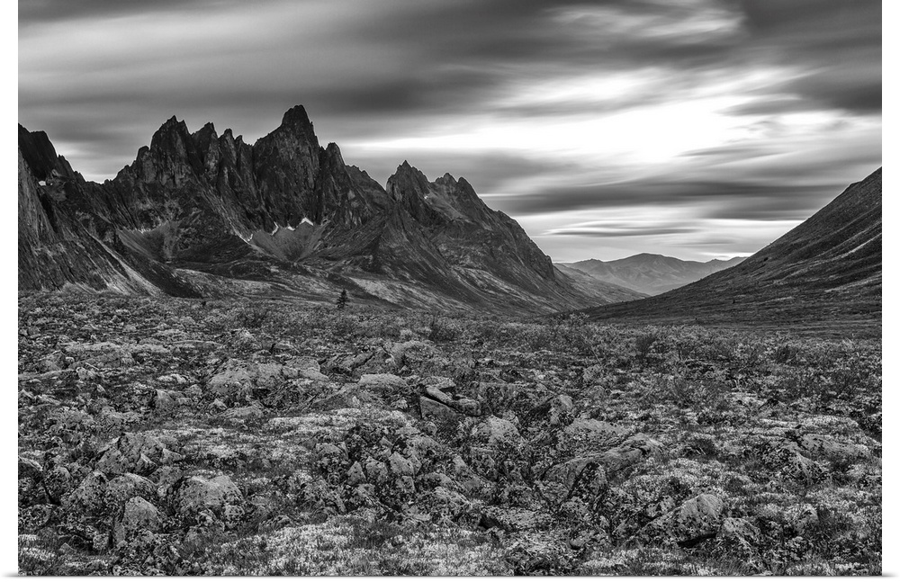 Black and white image of the Tombstone Valley in Tombstone Territorial Park, Tombstone Mountain in the distance. Yukon, Ca...