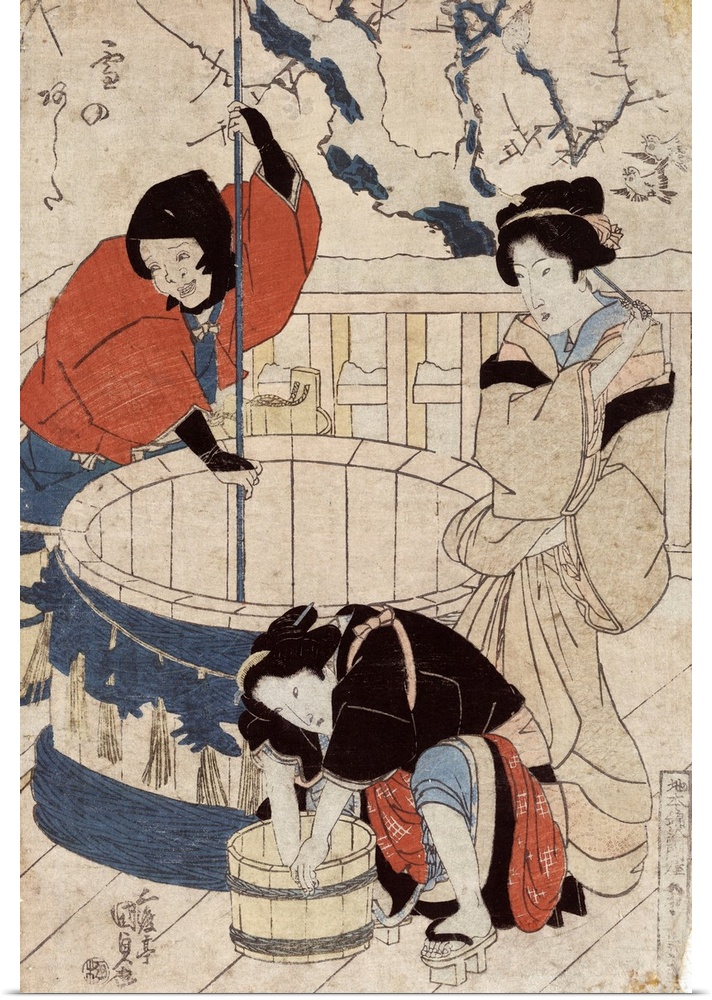 Tomorrow's snow by Toyokuni Utagawa. Woodcut, colour print of an upper class woman standing near a well and two women, pos...