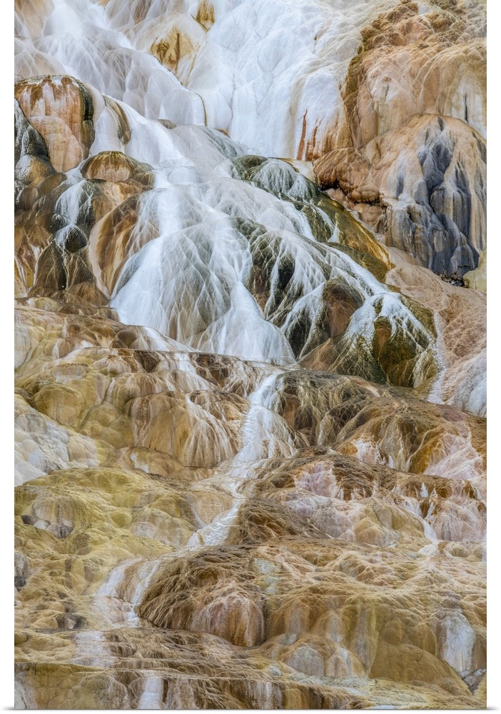 Thermal runoff channels create travertine mineral deposits at Canary Spring of the Mammoth Hot Springs in Yellowstone Natu...