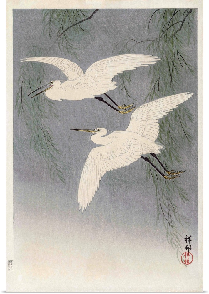 Two Little Egrets in Flight, by Japanese artist Ohara Koson, 1877 - 1945.  Ohara Koson was part of the shin-hanga, or new ...