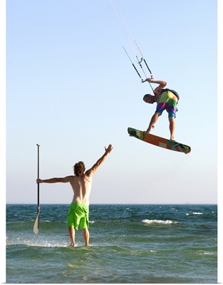Two Men Off Valdevaqueros Beach Parasailing And Surfing, Tarifa, Andalusia, Spain