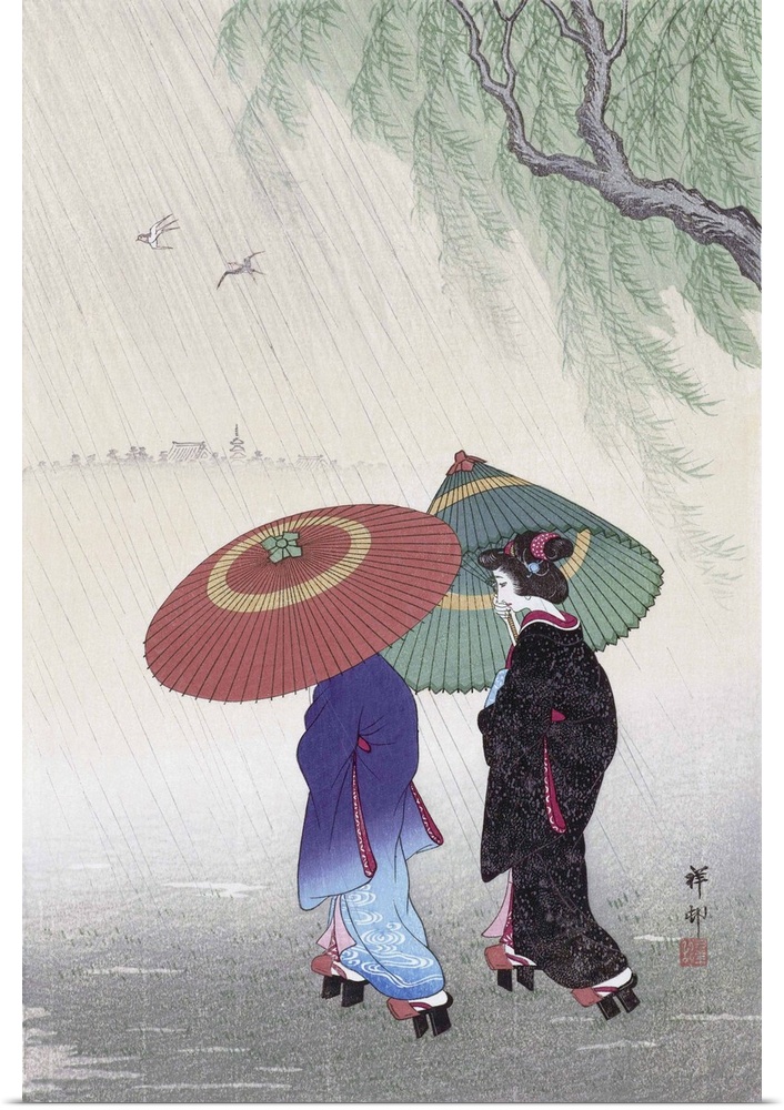 Two Women in the Rain, by Japanese artist Ohara Koson, 1877 - 1945.  Ohara Koson was part of the shin-hanga, or new prints...