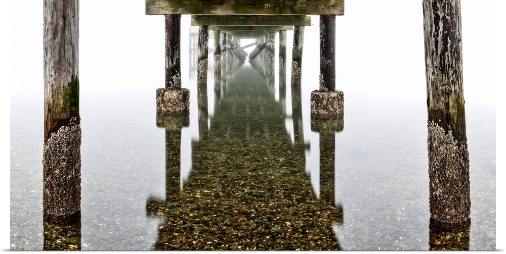 View underneath the pier on foggy crescent beach to the reflection on the shallow, clear water, surrey, British Columbia, ...
