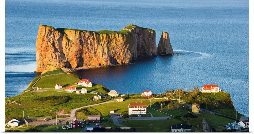 Village And Perce Rock At Sunset, Perce, Gaspesie, Quebec, Canada