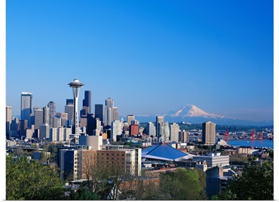 Washington, Seattle Skyline With Space Needle And Mount Hood In Background
