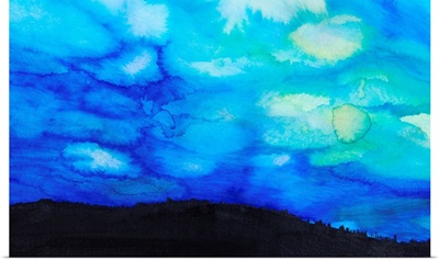 Watercolor painting of a dramatic sky with blue clouds and silhouette of a landscape