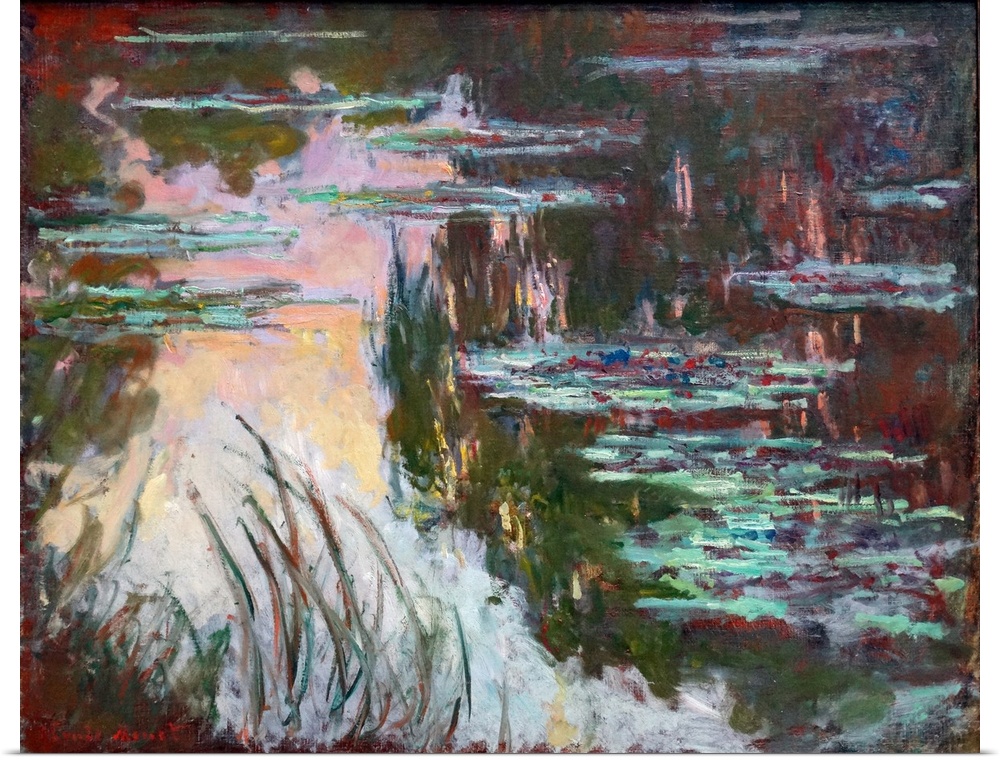 Painting titled 'WaterLilies, Setting Sun' by Claude Monet, founder of French Impressionist painting. Dated 1907.