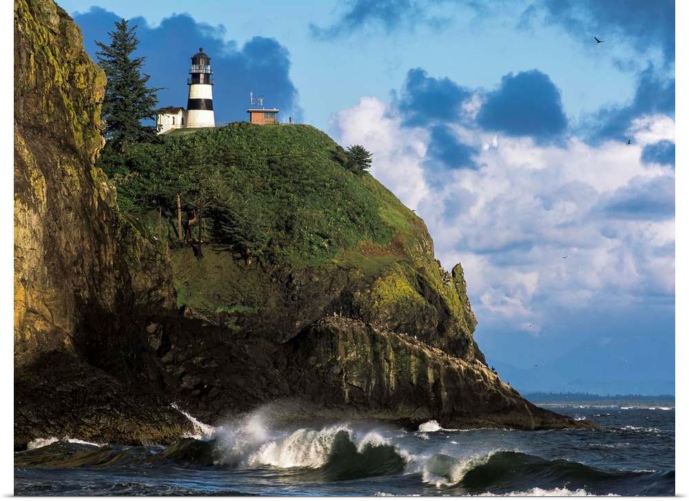 Waves break at Cape Disappointment Lighthouse. Ilwaco, Washington, United States of America.
