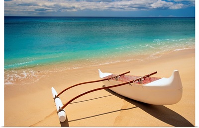 White Outrigger Canoe On Shoreline With Shadow, Calm Turquoise Water