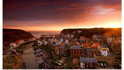 Wide Angle Cityscape At Sunset, Staithes, Yorkshire, England