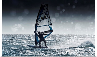 Windsurfing With Water Drops On Camera Lens, Tarifa, Andalusia, Spain