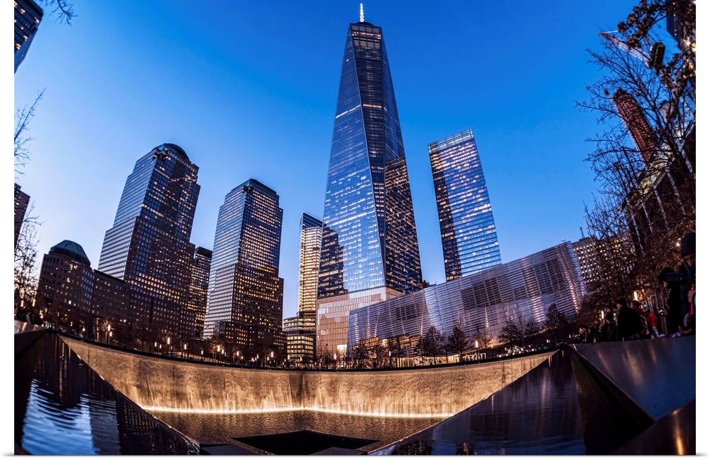 World Trade Center memorial at twilight, World Trade Centre. New York City, New York, United States of America.