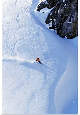 Young Man Skiing On Ungroomed Slope Near Fortress Mountain, Alberta, Canada